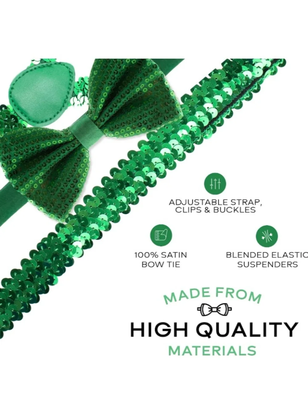 Green Shamrock Socks & Sequin Bow Tie Suspenders Set - Party Accessories NWT